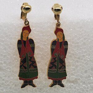 Ethnic Figural Enamel Woman Dangle Drop Clip On Earrings Gold Tone Multicolor 2"